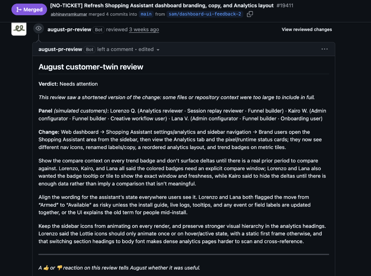 An august customer-twin review posted on a merged Shopping Assistant pull request. The review identifies the twin panel, describes the user-facing change, and gives specific feedback on comparison windows, terminology, animation, and visual hierarchy.