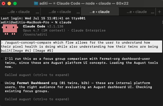 Calling August through Claude to compare pixel training page concepts
