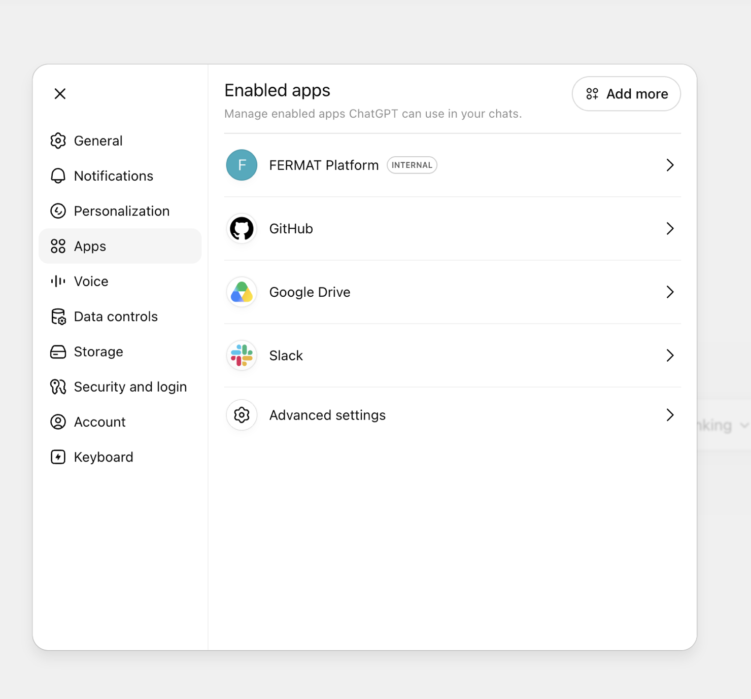 ChatGPT's Apps settings page, with Advanced settings and Add more