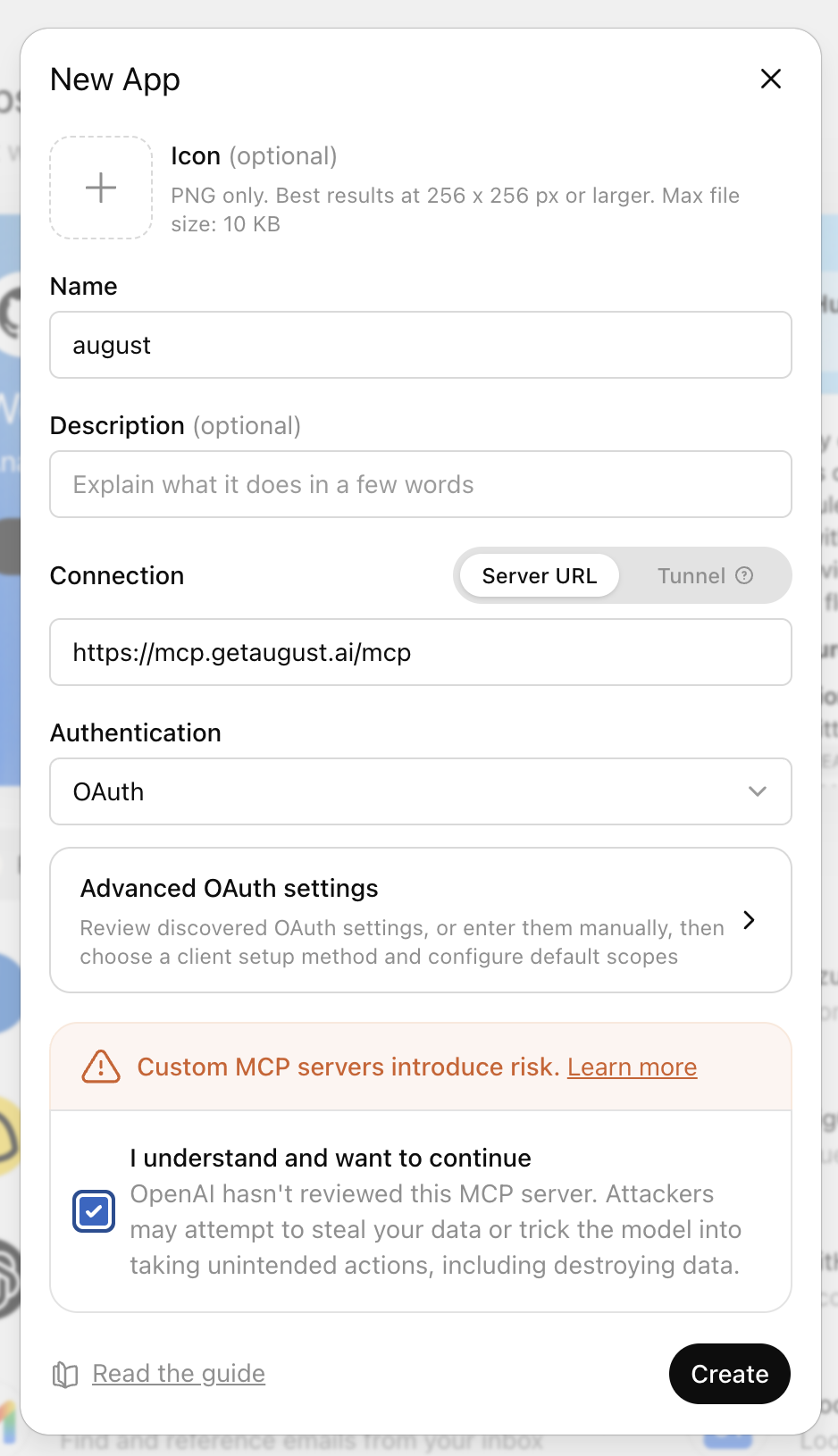 ChatGPT's New App dialog filled in for august