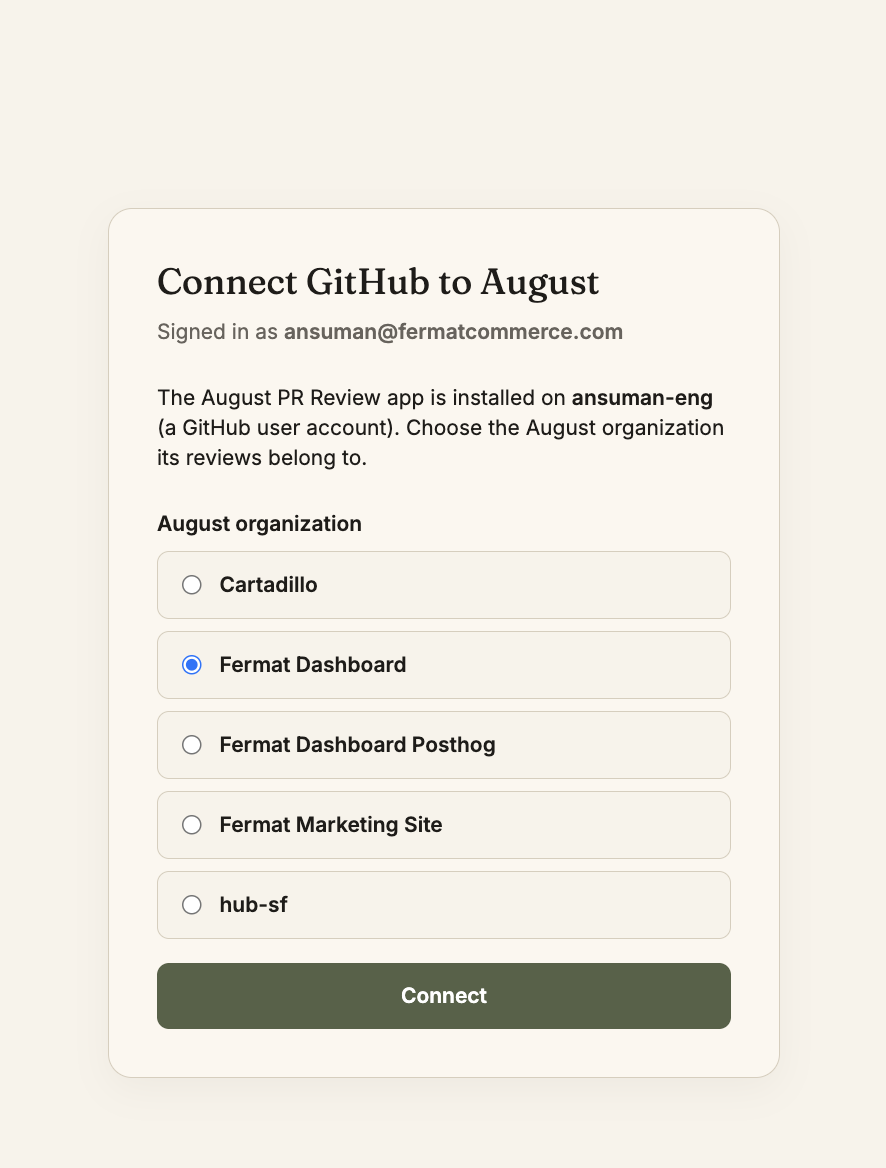 august's Connect GitHub page, listing the organizations you can attach the installation to