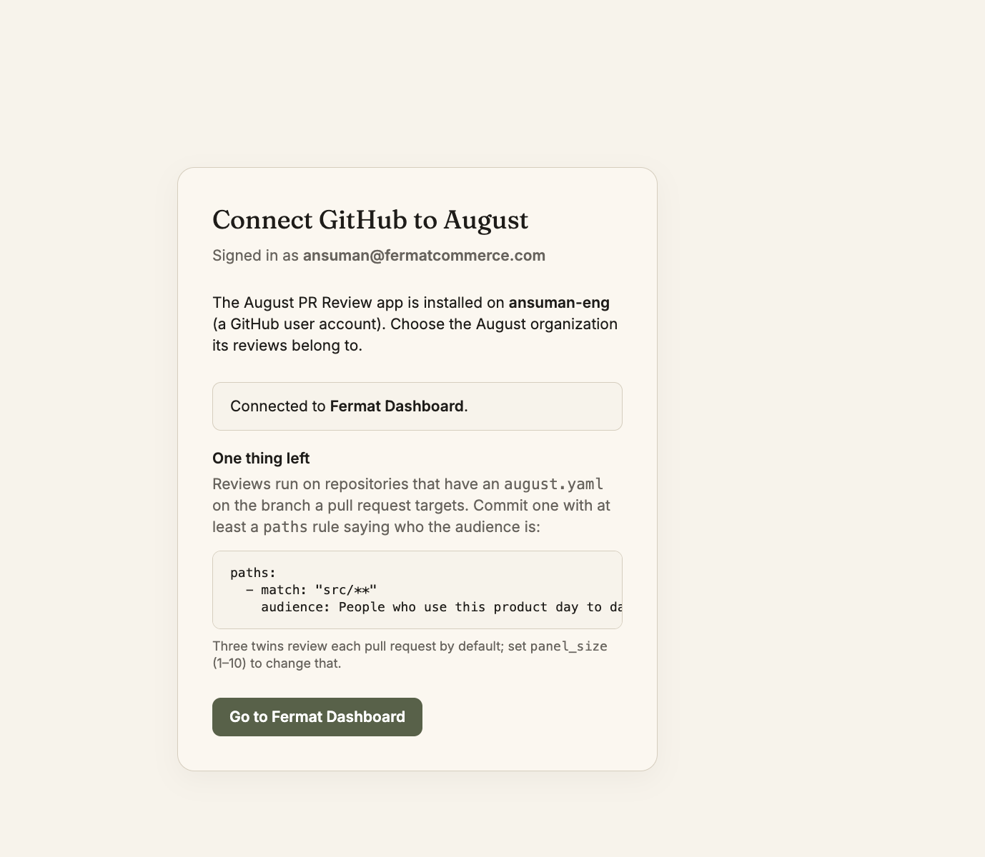 august confirming the connection and asking for an august.yaml with a paths rule