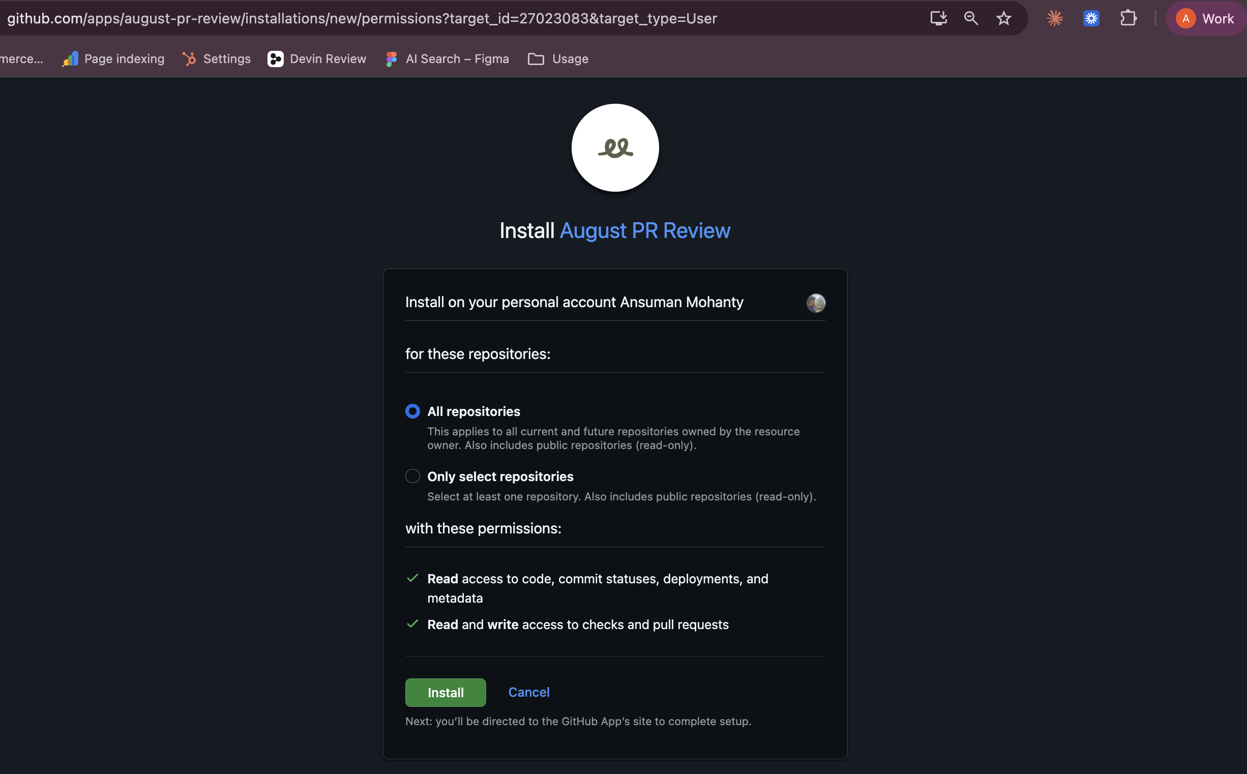 GitHub's install screen for August PR Review, showing repository access and the permissions it asks for