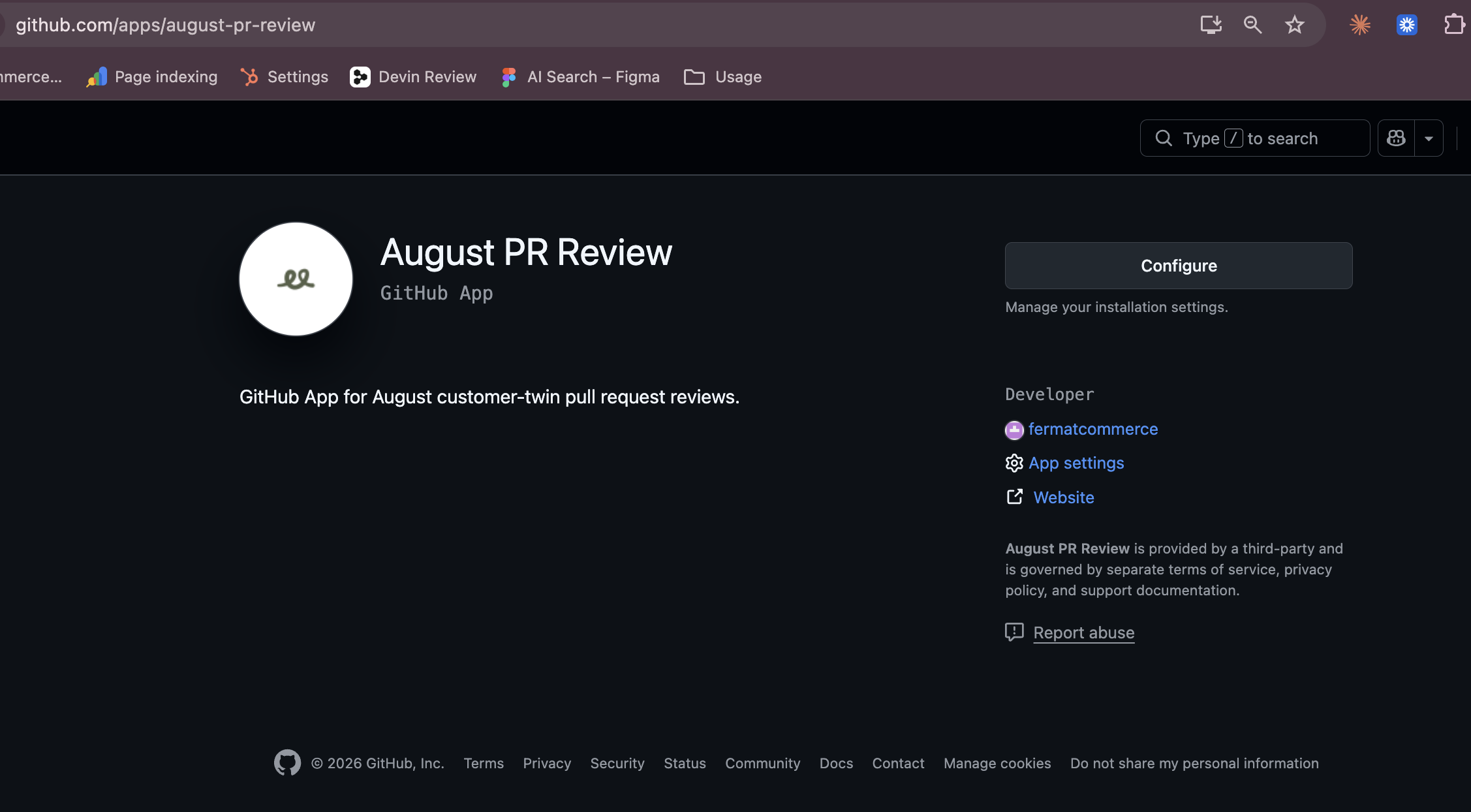 The August PR Review app page on GitHub, with the Configure button