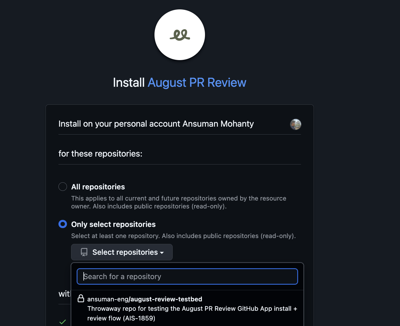 The same screen with "Only select repositories" chosen and the repository picker open