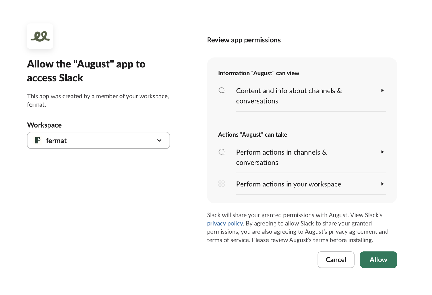 Slack's permission screen for the august app